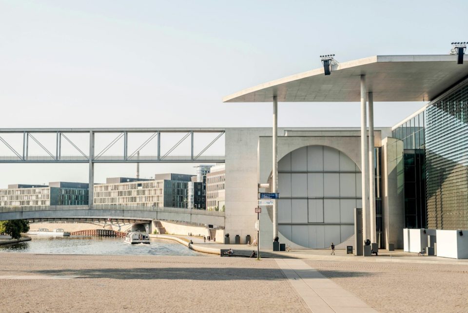 Modern architecture with a bridge and river