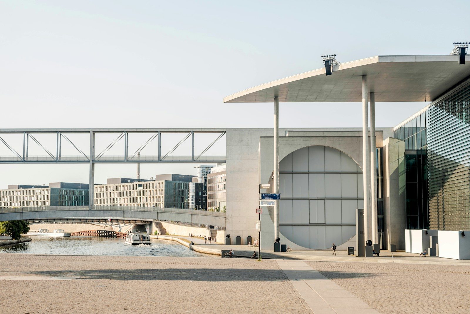 Modern architecture with a bridge and river